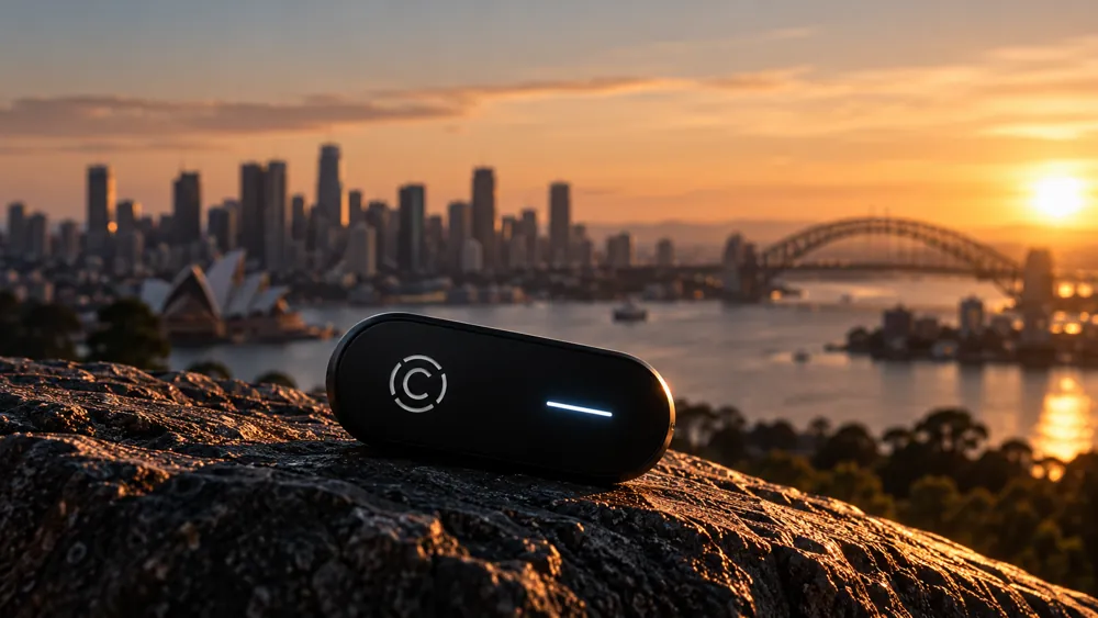 The ORVIS device on a rock overlooking Sydney Harbour at sunset