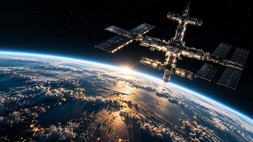 An orbital station above Earth at sunrise